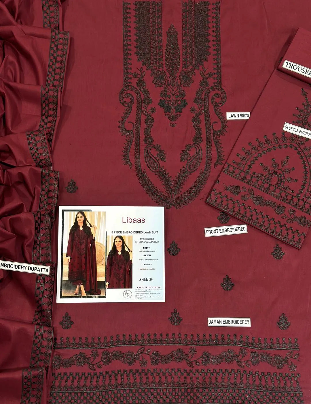 Maroon Embroidered Women's Lawn Suit 3 Pcs Eid Festive Wea