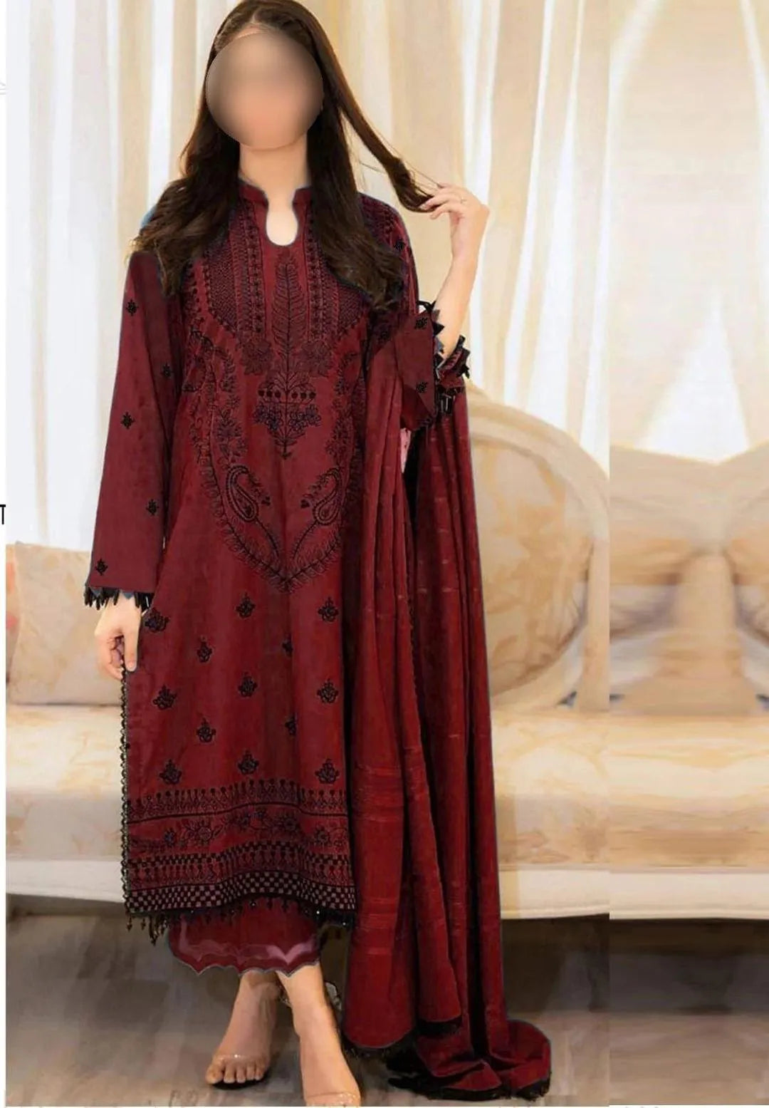Maroon Embroidered Women's Lawn Suit 3 Pcs Eid Festive Wea