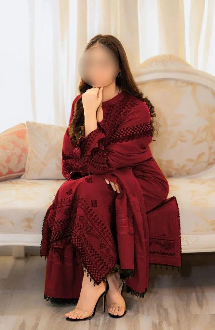 Maroon Embroidered Women's Lawn Suit 3 Pcs Eid Festive Wea